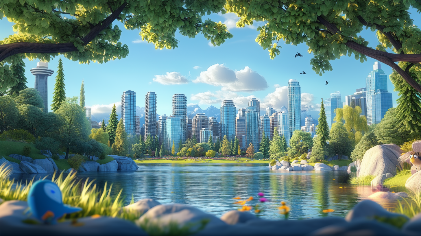 Stanley Park and Downtown Vancouver in Pixar cartoon 3D theme